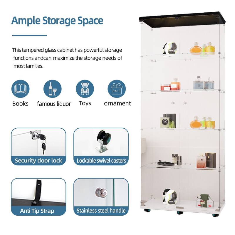 Tempered glass display cabinet, file cabinet, with Bluetooth LED light strip, lock on the door,equipped with cast, easy to move