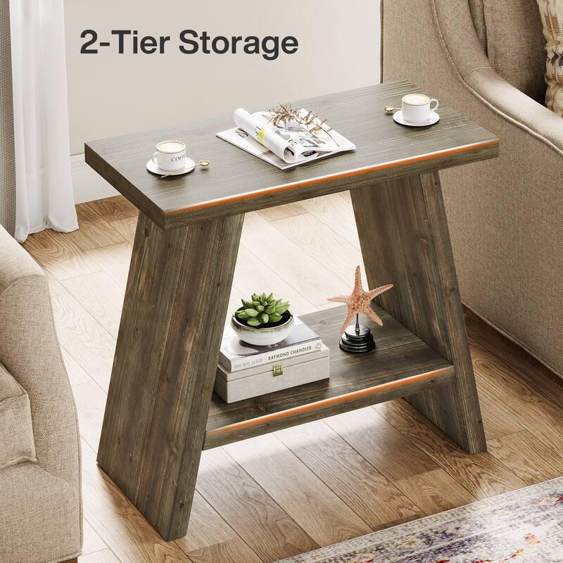 Solid Wood Farmhouse Side Table with 2-tier Storage Shelf