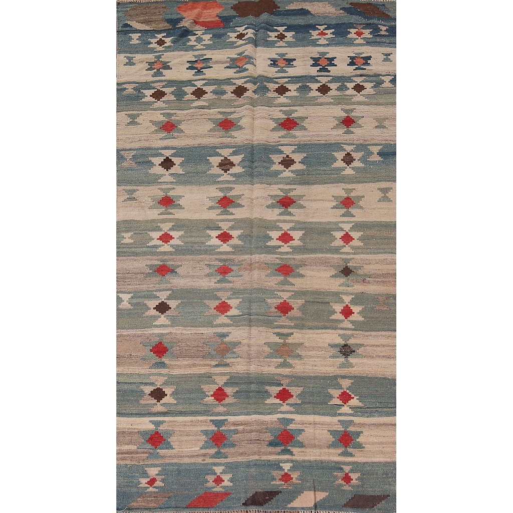 Striped Geometric Kilim Persian Area Rug Hand-Woven Wool Carpet - 4'6"x 9'2"