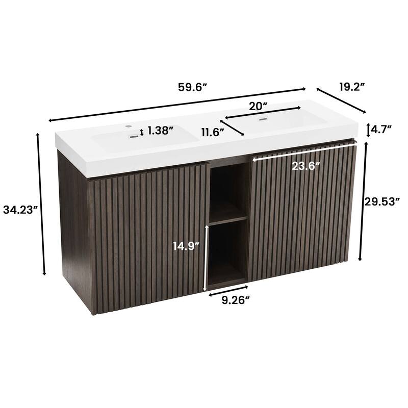 GDFStudio - Galan 60" Freestanding Bathroom Vanity with Quartz Sink, Solf Close Doors, Open Storage Shelf, NO Drain & Faucet