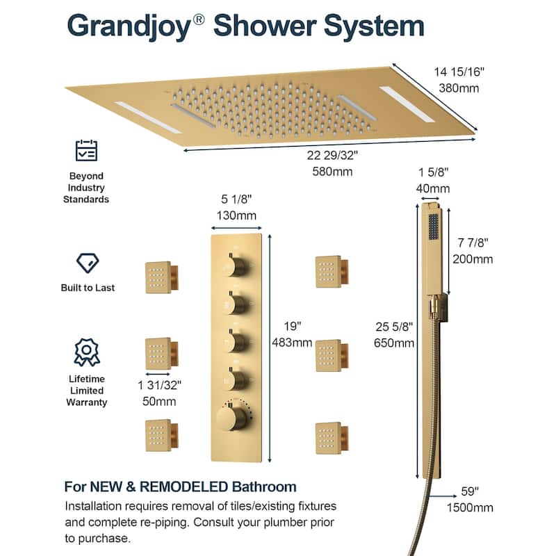 GRANDJOY Luxury Shower Faucets 23" LED Ceiling Mount Showerhead System with 6 Body Jets