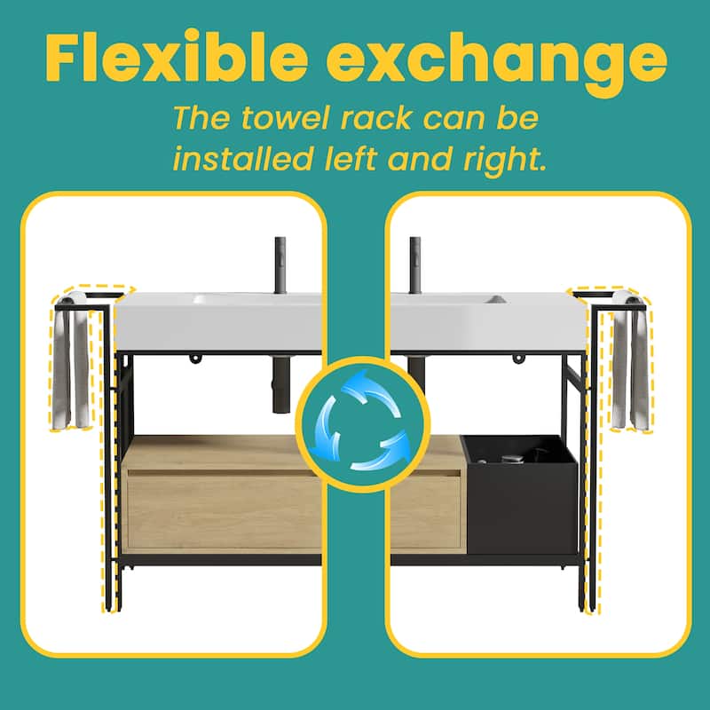 36" Industrial Style Modular Bathroom Vanity. This vanity features a robust metal frame accented with warm wood elements