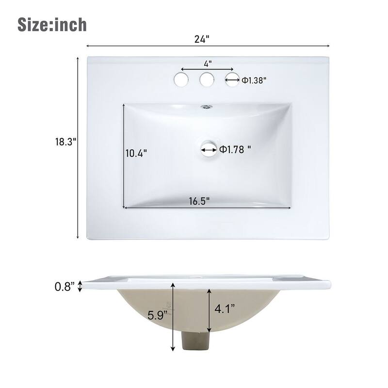 24” Modern Wall Mounted Bathroom Vanity with Ceramic Sink and 2 Drawers