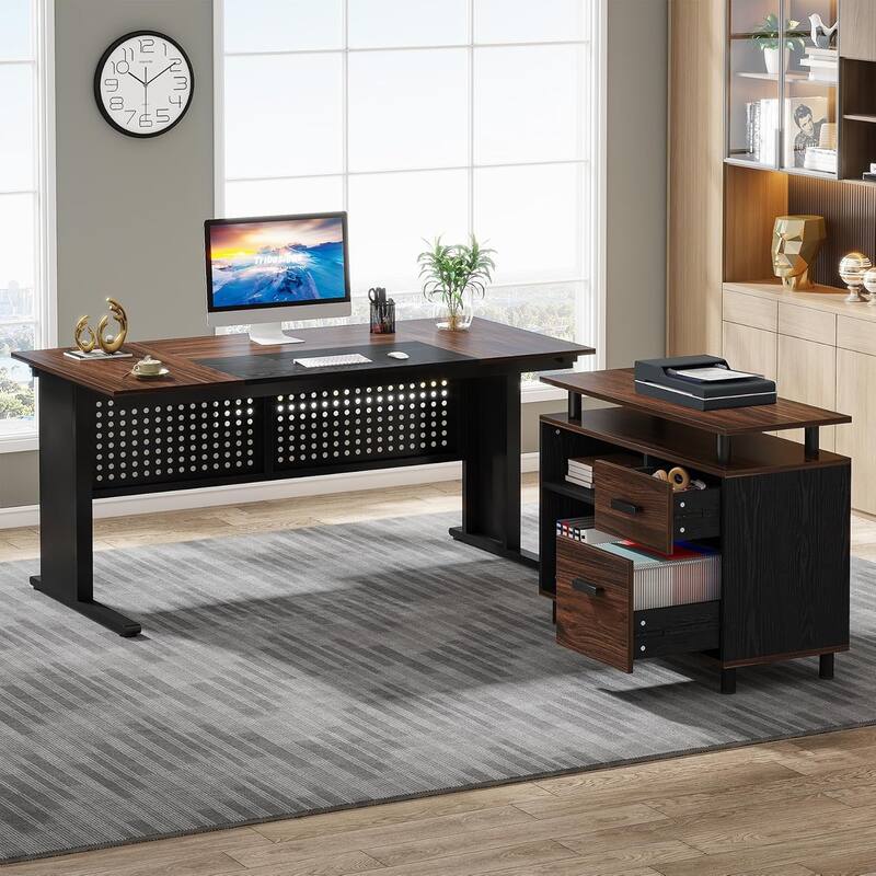 63'' Executive Desk, L Shaped Large Office Desk with File Cabinet