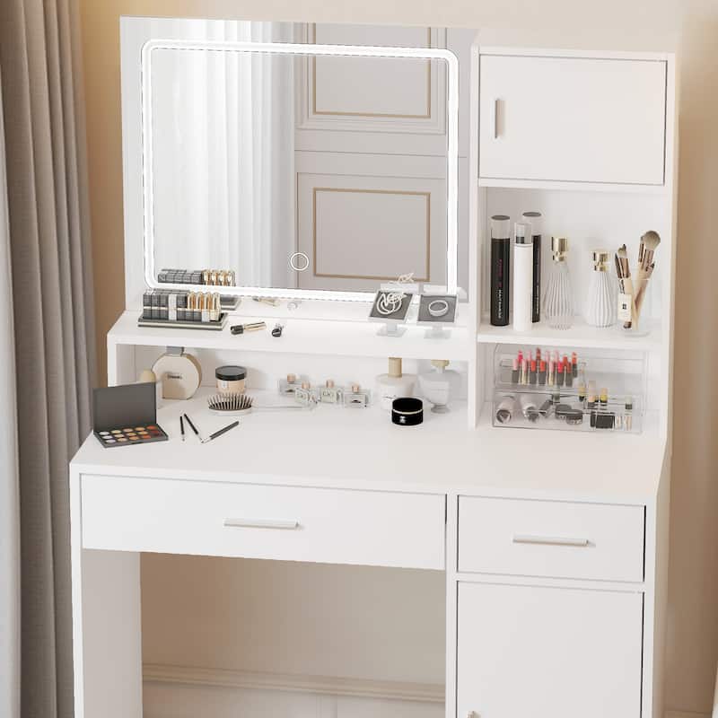 LED Lighted Vanity Desk with Mirror, Makeup Vanity with Adjustable Brightness, Large Drawer & 3 Level Storage Dresser