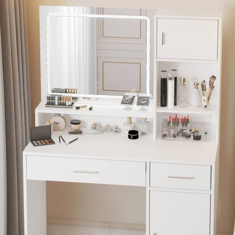 Modern Vanity Desk with Mirror, LED Light Strip and Storage