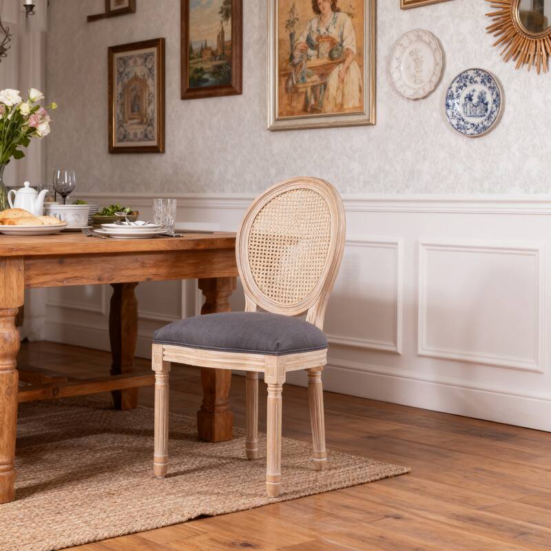 Dining Chairs Set of 2, Rattan Upholstered Vintage Farmhouse Fabric Chair, with Round Backrest and Solid Wood Legs