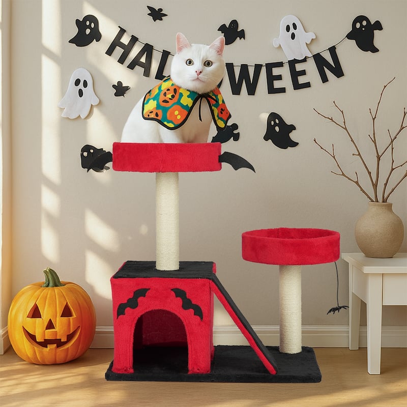 26" Gothic Cat Tree with Condo, Perches, Scratching Posts & Toy