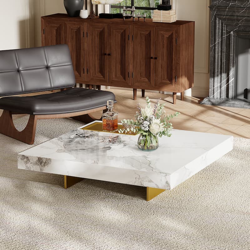 Modern 42" Faux Marble Square Coffee Table，Glossy Sintered Stone Tabletop