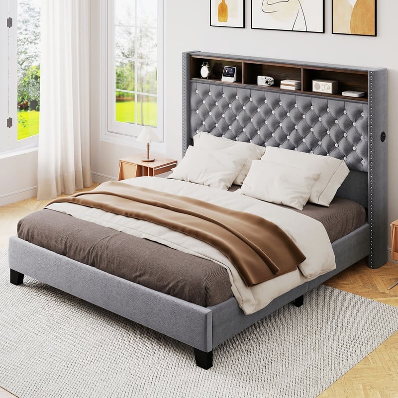 Moasis King/Queen Size Velvet Upholstered Bed Frame with Storage Headboard with USB Charging Stations