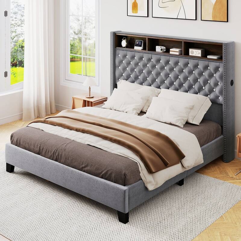 Moasis King Size Velvet Upholstered Bed Frame with Storage Headboard with USB Charging Stations - Grey
