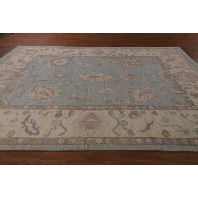 Light Blue Oushak Area Rug Hand-Knotted Vegetable Dye Wool Carpet - 9'1"x 12'2"