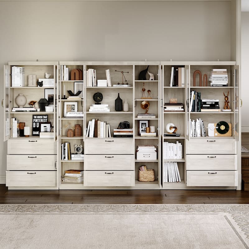Bookcase Cabinet with Glass Doors and Drawers Multi-Purpose Storage Display Hutch for Living Room or Dining Room