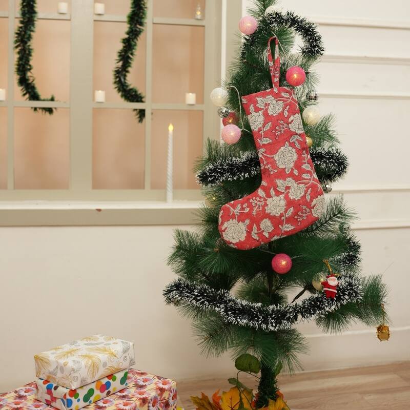 Fabdivine Hand Block Floral Print Christmas Knit Stockings, Home Decorative Gift Use - 16"X6.5"