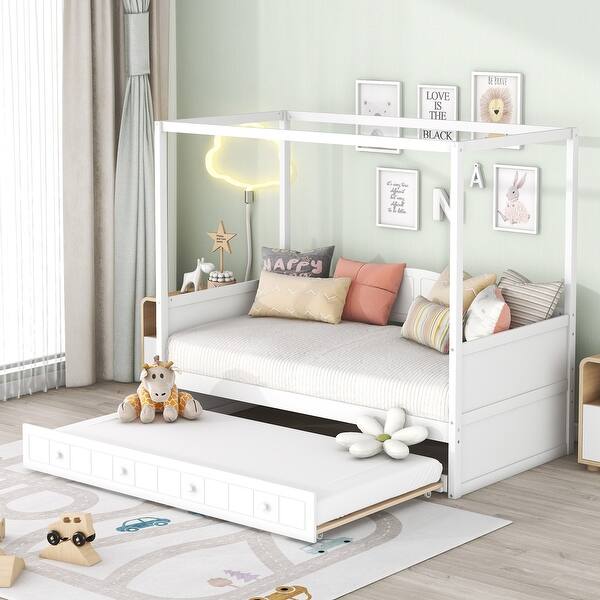 slide 2 of 9, Twin Canopy Bed with Trundle, Wooden Twin Size Daybed Frame, Twin Sofa Bed, Platform Bed Frame for Kids, Teens, Adults, White White - Twin