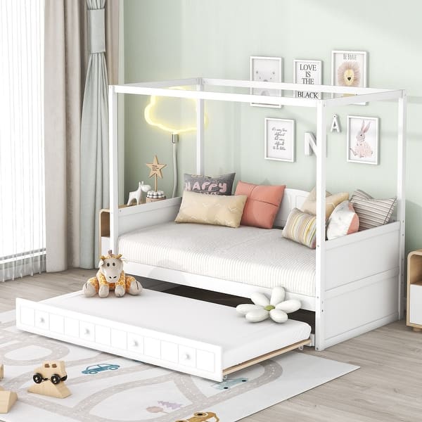 slide 2 of 9, Twin Size Wooden Canopy Daybed with Twin Trundle - Stylish and Functional Bedroom Furniture White