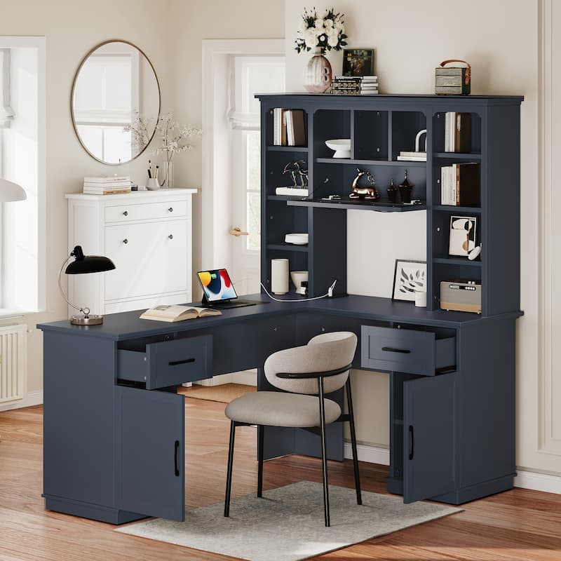 Computer Desk with 2 Cabinets, 2 Drawers & 11 Shelves, L-Shaped Corner Home Office Desk, Gaming Computer Desk with Power Outlet - Antique Blue