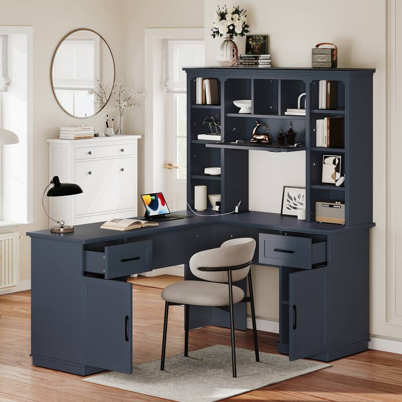 Roomfitters L-Shaped Computer Desk with Hutch, 2 Cabinets, 2 Drawers and 11 Open Shelves, with Power Outlet
