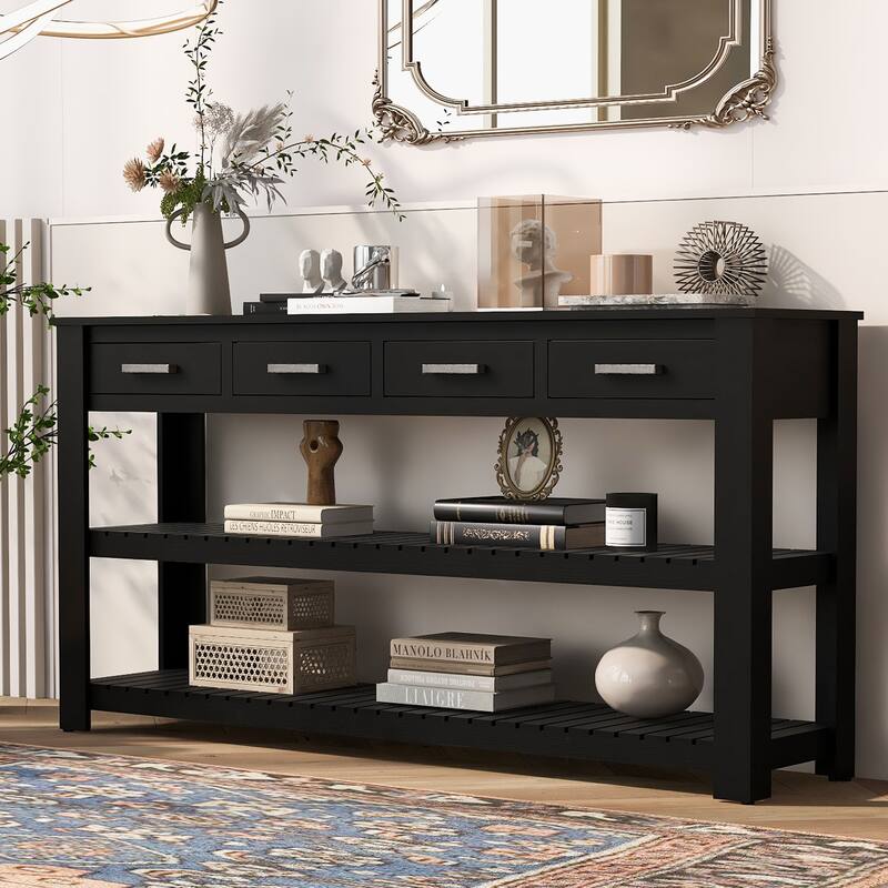 3-Tier Narrow Long Console Table Sofa Side Table for Hallway Living Room, Entryway Table with 4 Drawers and 2 Shelves