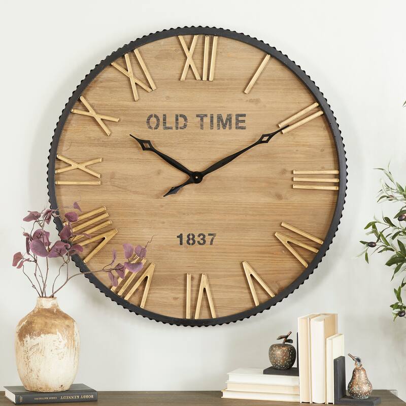 Wooden Wall Clock with Gold Accents - Brown - Roche River Decor - 3"W x 36"L x 36"H