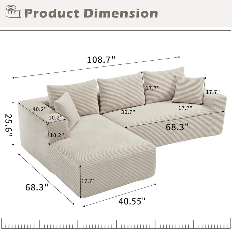 Modular Sectional Cloud Sofa with L-Shape Chaise, Oversized Corduroy Upholstered Boneless Sofa, Corner Sofa with Deep Seat