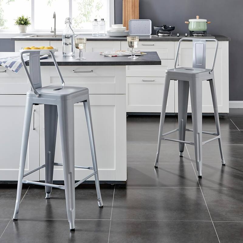 2-Piece 30" Industrial Bar Stool Set - Distressed White with Bucket Back
