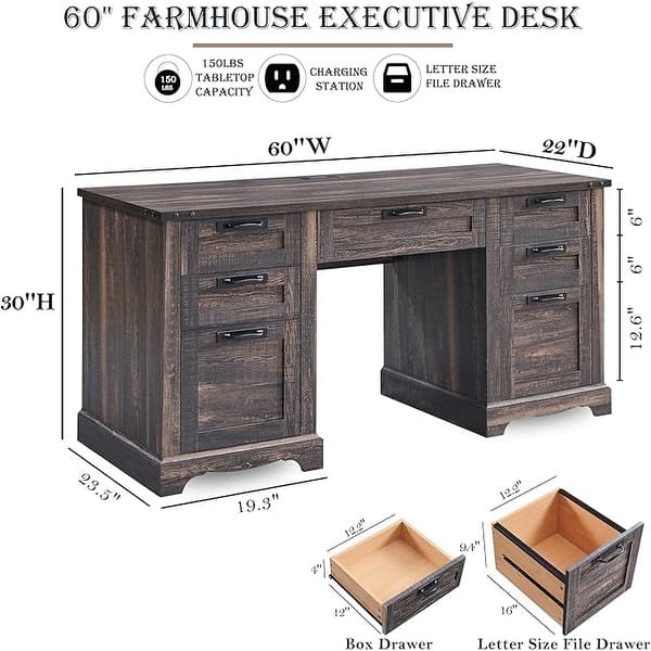 dimension image slide 4 of 5, 60" Farmhouse Executive Desk, Wood Home Office Desk, Computer Desk