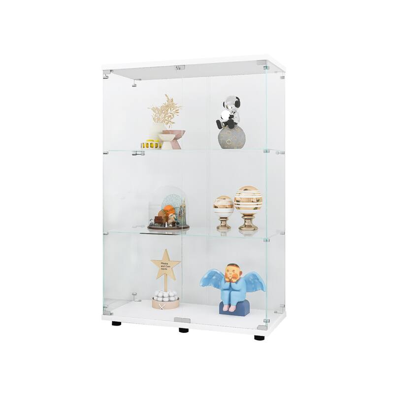 Two-door Glass Display Cabinet 3 Shelves with Door, Floor Standing Curio Bookshelf, 49.3"*31.7"*14.3", White