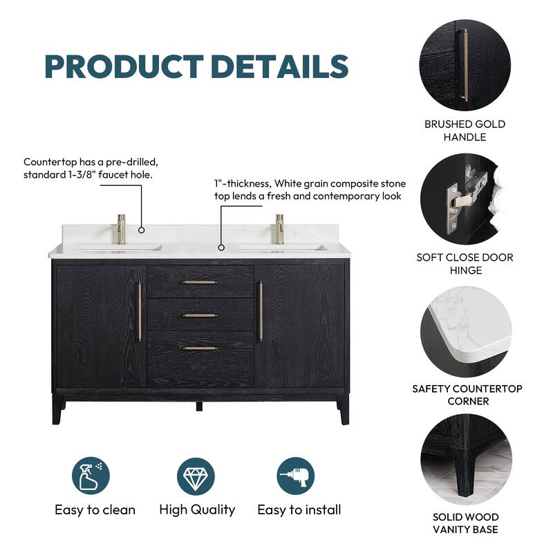 Gara Double Bath Vanity with Composite Stone Top without Mirror