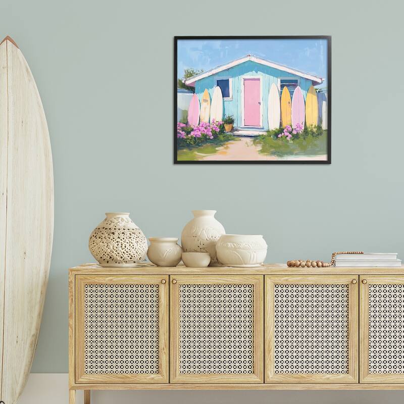 Stupell Cabin with Pastel Surfboards Framed Giclee Art Design By Arlington Prints