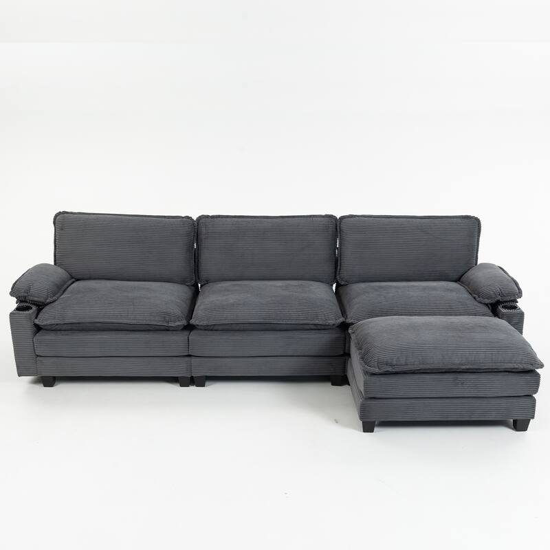 L-Shaped Modular Sectional Sofa with Ottoman, Oversized Corduroy Upholstered Cloud Couch with Cup Holders & Side Pockets
