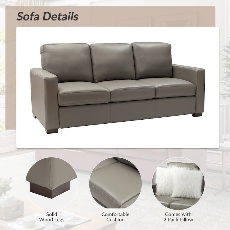 Ernando 83.46" Wide Genuine Leather Sofa with Squared Arms and Pillows