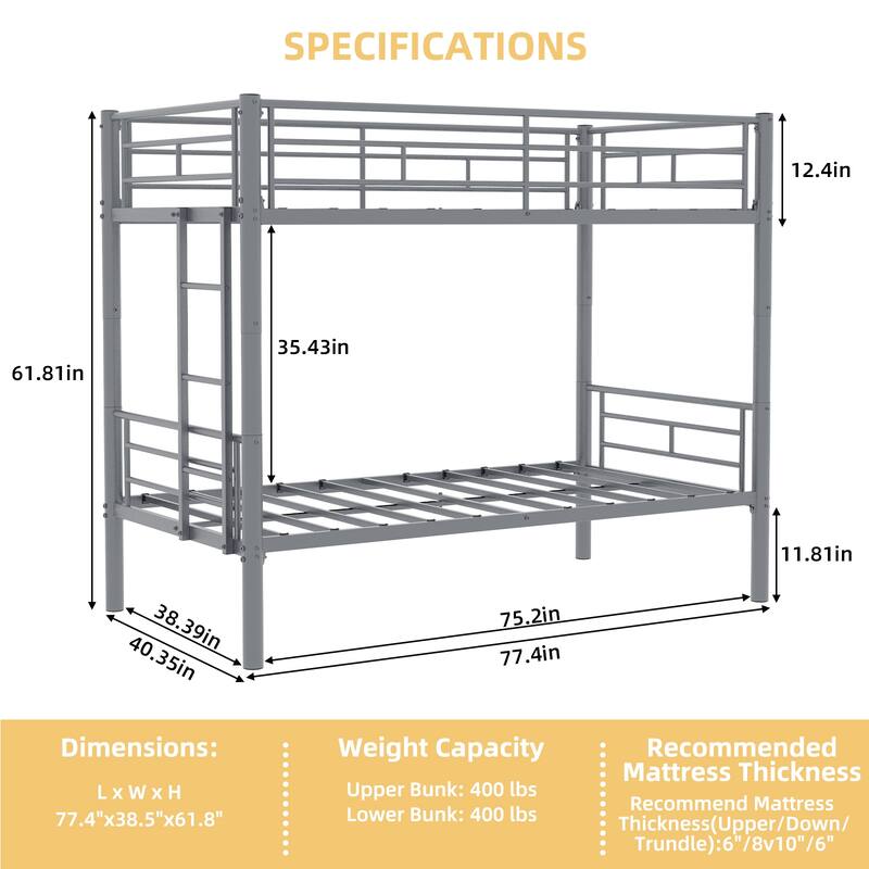 GDFStudio - Twin Over Twin Metal Convertible Bunk Bed Frame