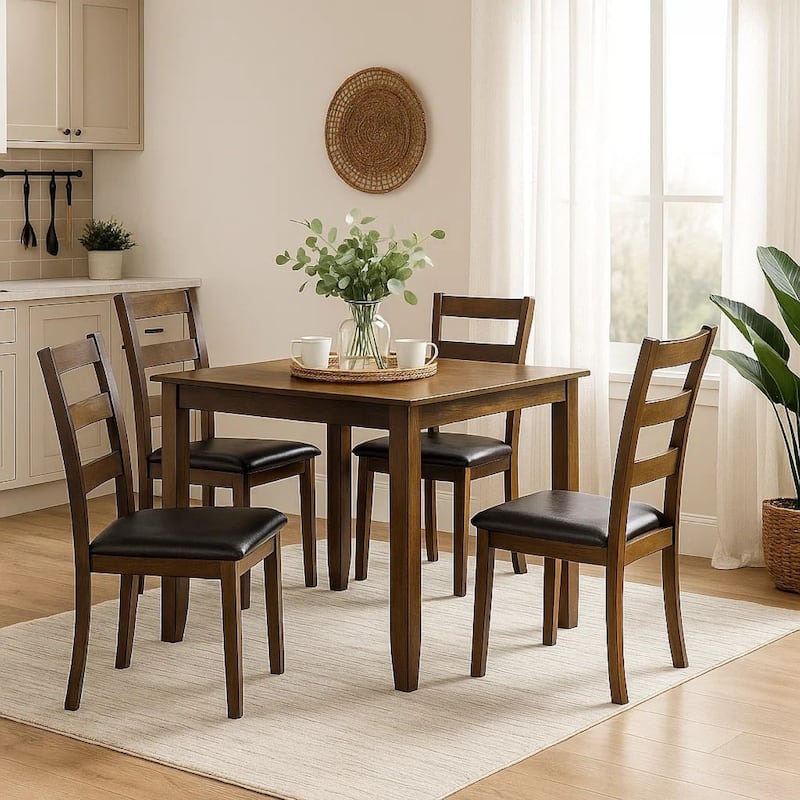 5 Piece Dining Table Set with Leatherette Seating, Brown