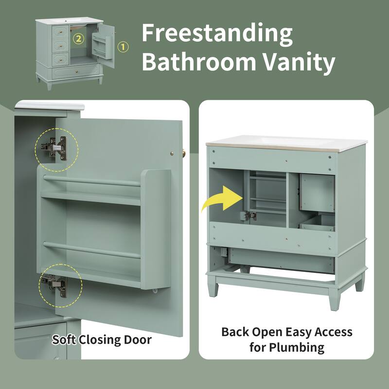 30" Bathroom Vanity with Ceramic Sink, Freestanding Bathroom Storage Cabinet with Door Shelves and 3 Drawers