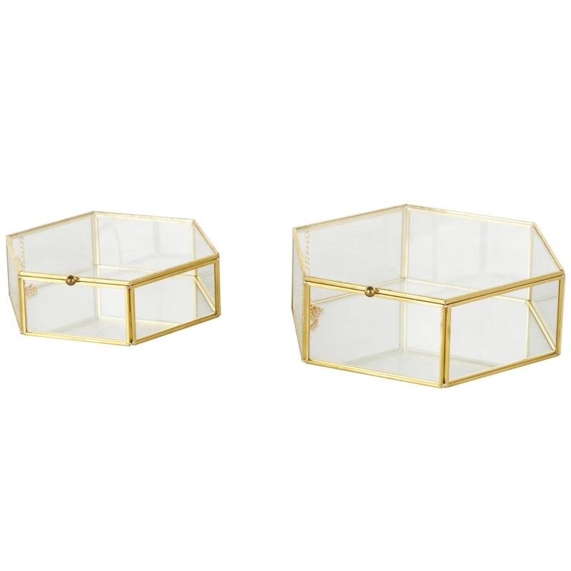 Glass Geometric Hexagon Decorative Jewelry Box with Gold Metal Frame and Chain Accent - Set of 2 Clear - Roche River Decor - Clear
