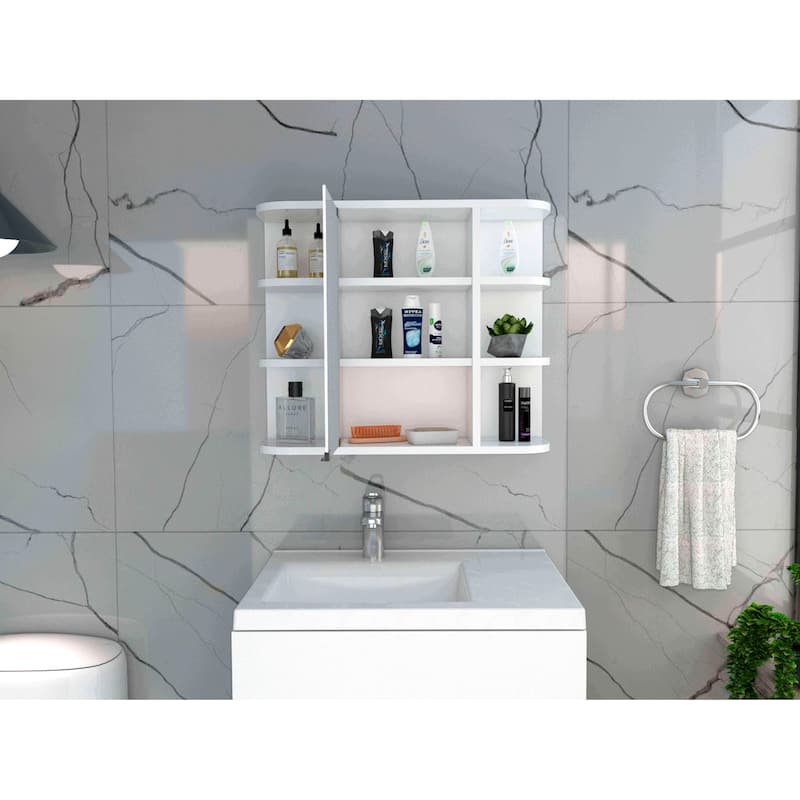 6-Shelf Medicine Cabinet with Mirror Panel Door, 3 Open Shelves on Each Side for Bathroom or Living Room Storage