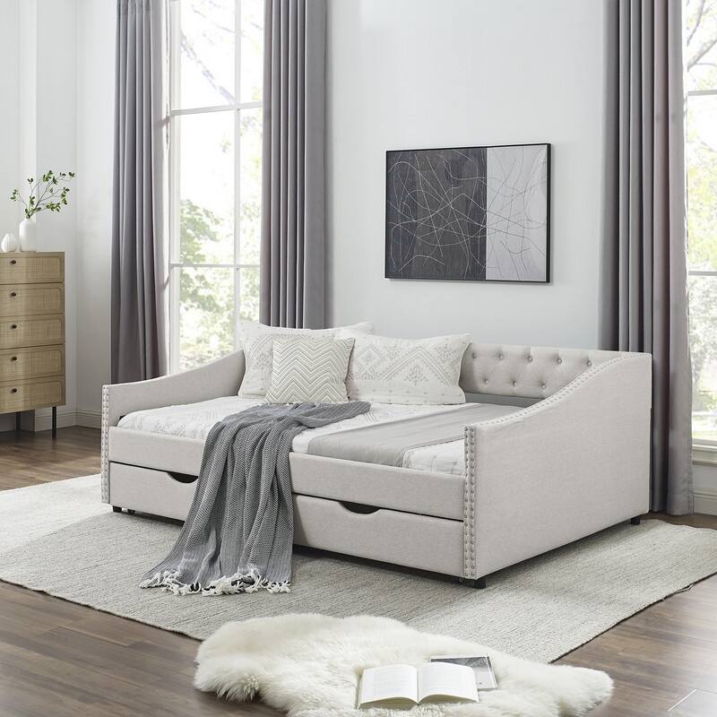 Full Upholstered Daybed with Storage Drawers,Button Tufted and Nailhead Trim,Solid Wood Frame