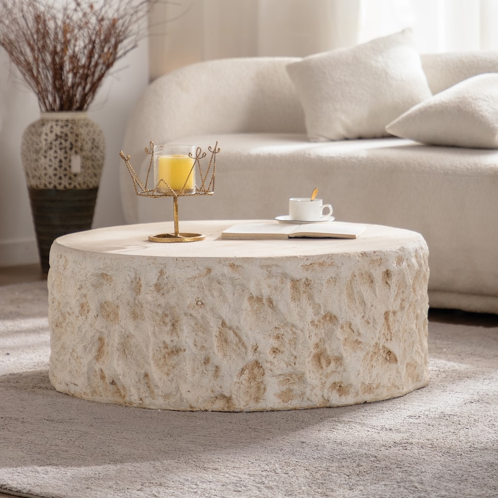 GDFStudio - Modern Faux Stone Round Coffee Table with MgO Construction - Compact Mid-Century Style