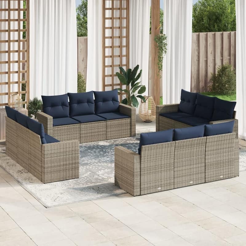 vidaXL Patio Sofa Set with Cushions Outdoor Conversation Furniture Poly Rattan - 25.8" x 24.4" x 27.2" - Beige and gray without table