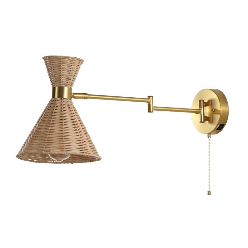 Lyla 25" 1-Light Mid-Century Vintage Retro Rattan/Metal USB Charging Swing Arm LED Sconce with Pull Chain, by JONATHAN Y