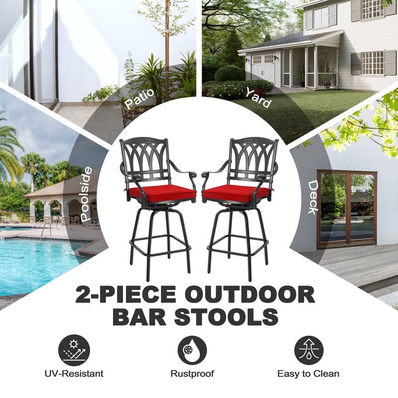 E-Coated Cast Aluminum 2PCS Patio Swivel Bar Stool Set with Olefin Cushions