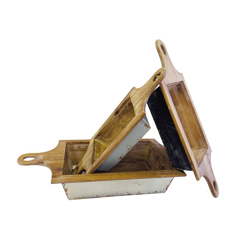 HomeRoots Set of Three Natural And White Solid Wood Centerpiece Bowl With Handles - 24.00 in. x 3.74 in. x 11.00 in.