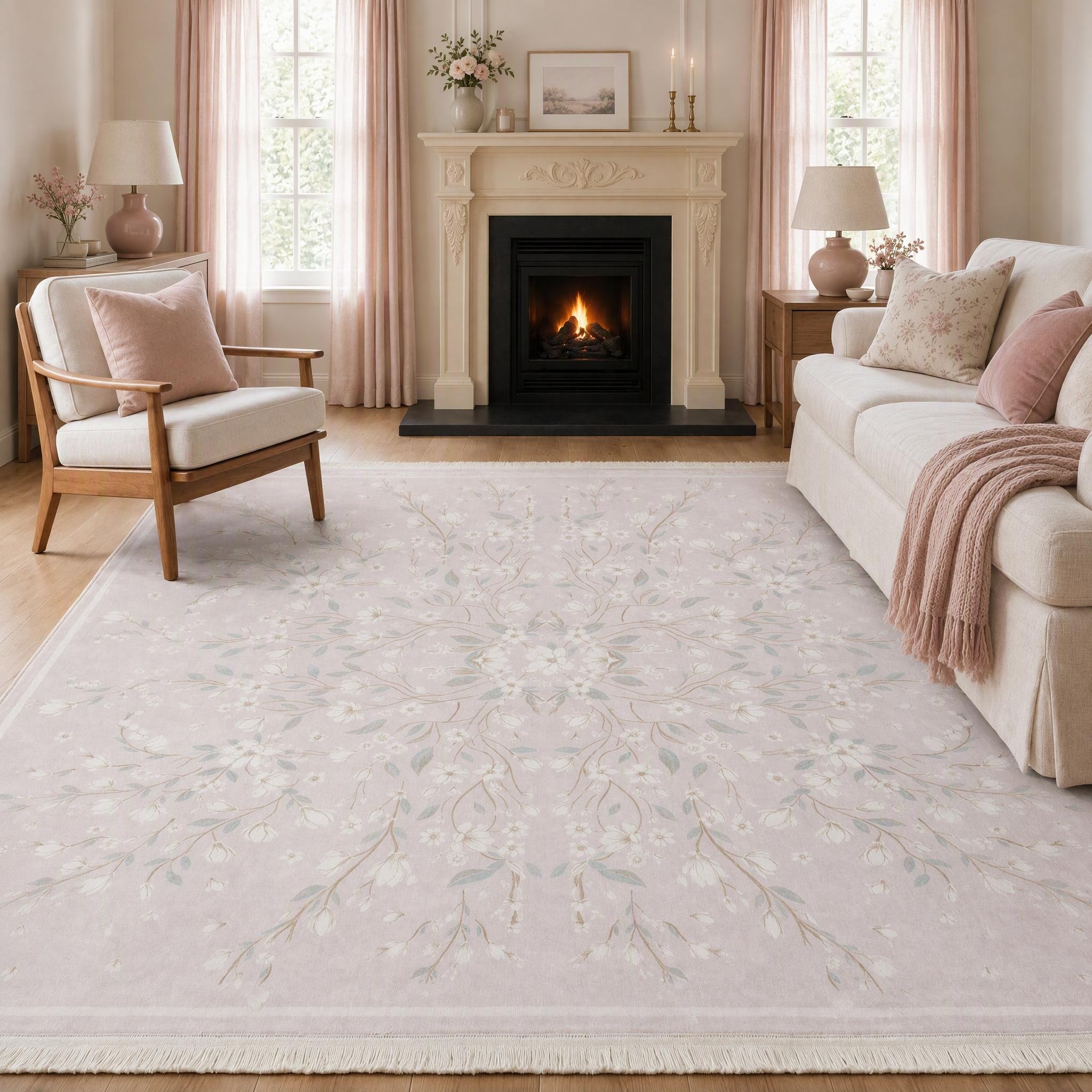 Boho Floral Washable Area Rug – Soft Non-Slip Low Pile Carpet for Living Room