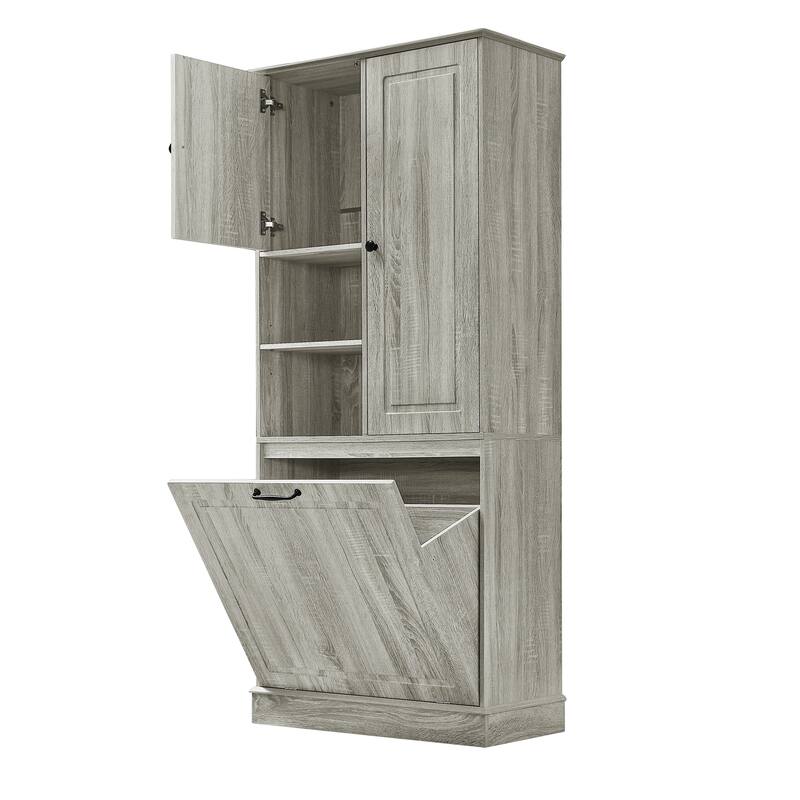 Tall Storage Cabinet with Adjustable Shelves, Large Flip-Out Basket & Enclosed Cabinets