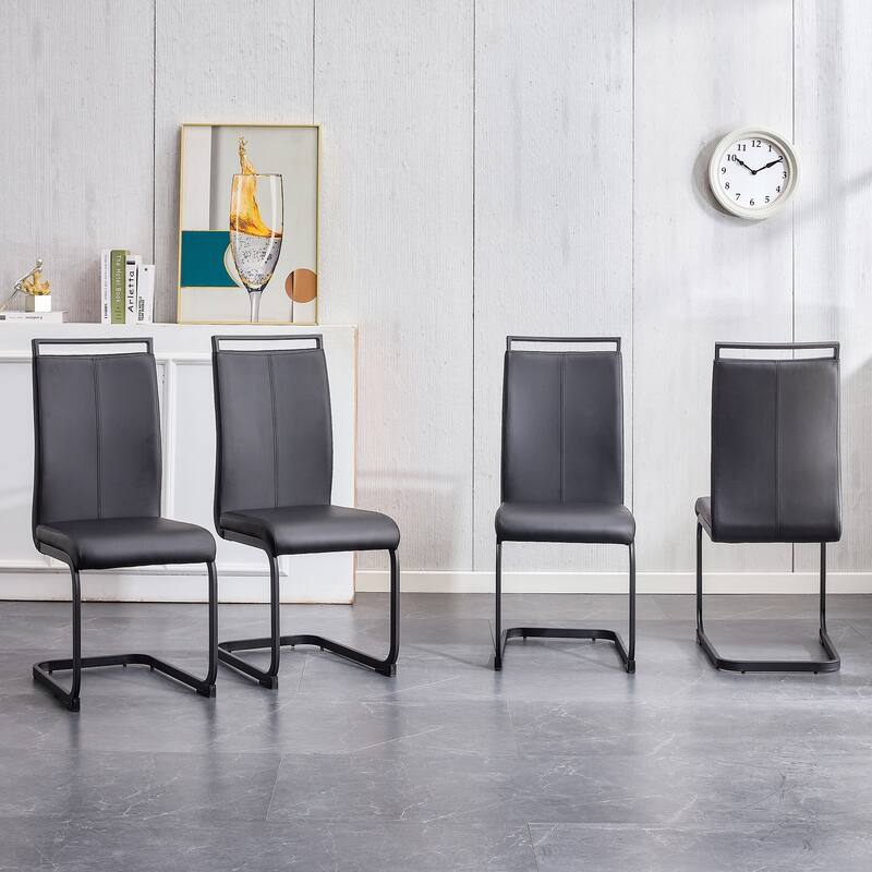 Modern Dining Chair, PU Faux Leather High Back Upholstered Side Chair with C-shaped Tube Black Coating Metal Legs - Black