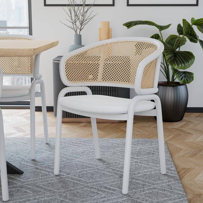 Ervilla Modern Mid-Century Velvet Side Dining Chair with Rattan Back & White Steel Legs for Kitchen, Dining Room or Living Space