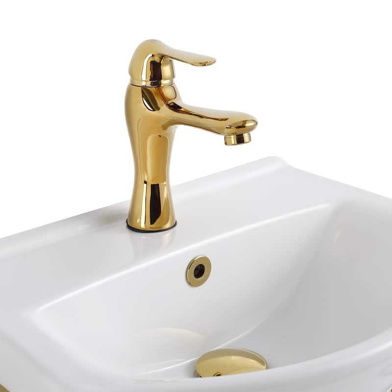 White Ceramic Wall Mount Bathroom Sink with Brass Faucet and Sink Drain