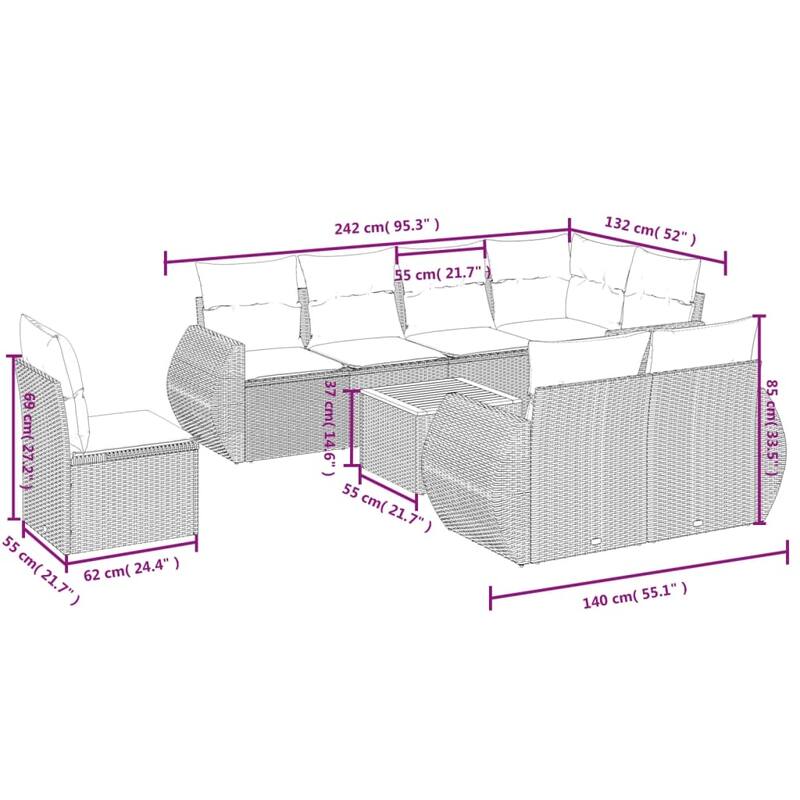 vidaXL Patio Sofa Set with Cushions Outdoor Furniture 9 Piece Poly Rattan - 21.7 x 21.7 x 14.6
