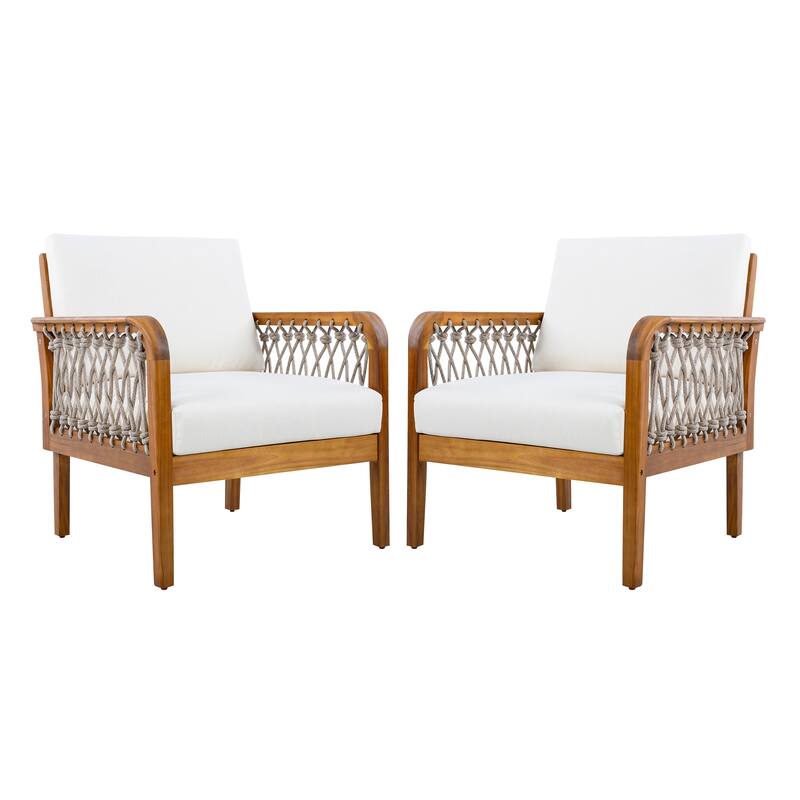 Christopher Knight Home - Outdoor Patio 28.94" Acacia Wood Club Chair with Handwoven Rope Panels and Cushions